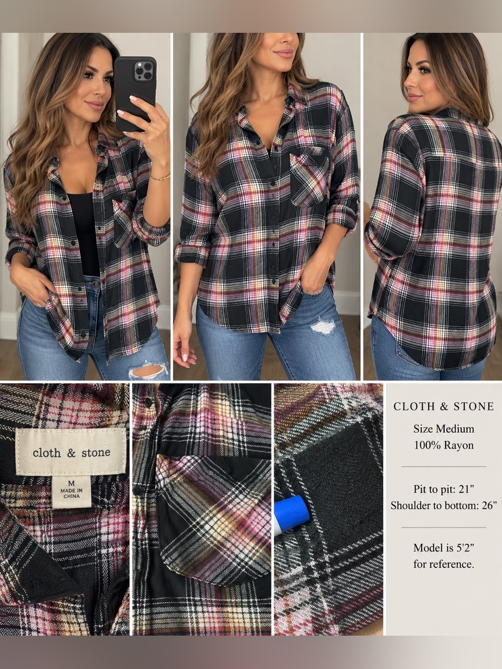 (#16) Cloth & Stone Plaid Flannel Button Down Shirt Black Pink Medium